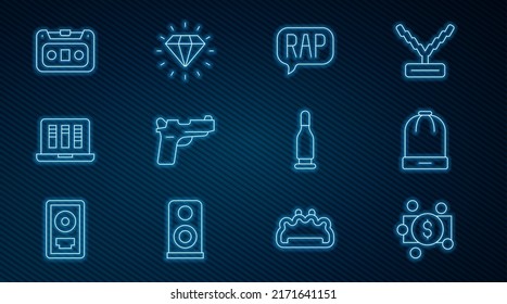 Set Line Stacks Paper Money Cash, Winter Hat, Rap Music, Pistol Or Gun, Sound Audio Recorder, Retro Cassette Tape, Bullet And Diamond Icon. Vector