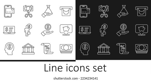 Set line Stacks paper money cash, Piggy bank, Money in hand, Business man planning mind, Laptop with dollar, Mobile banking, Hand giving and Scissors cutting icon. Vector
