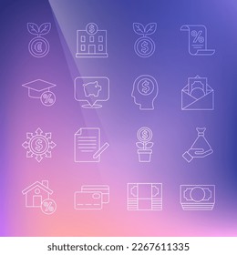 Set line Stacks paper money cash, Money in hand, Envelope with dollar symbol, Dollar plant, Piggy bank, Graduation cap coin, Euro and Business man planning mind icon. Vector