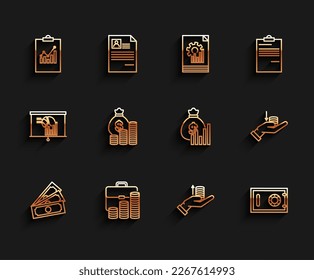 Set line Stacks paper money cash, Briefcase and coin, Clipboard with graph chart, Money hand, Safe, bag,  and diagram icon. Vector