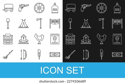Set line Stacks paper money cash, Wanted western poster, Saloon door, Old wooden wheel, Indian teepee wigwam, Shovel, Wild covered wagon and Tomahawk axe icon. Vector