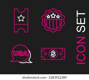 Set line Stacks paper money cash, USA Independence day,  and Baseball ticket icon. Vector