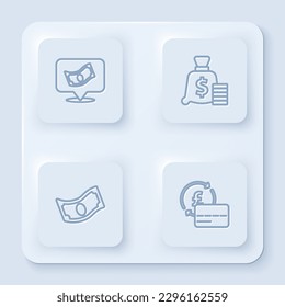 Set line Stacks paper money cash, Money bag,  and Credit card. White square button. Vector