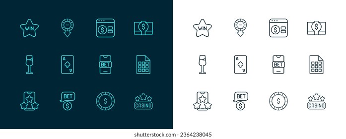 Set line Stacks paper money cash, Casino chip with dollar, Online sports betting, Playing card spades symbol, poker table game, win and chips icon. Vector