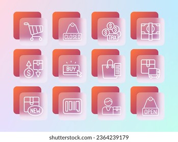 Set line Stacks paper money cash, Barcode, Shopping list, Buyer, button, Tax payment, cart and Hanging sign with text Closed icon. Vector