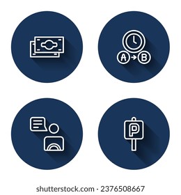 Set line Stacks paper money cash, Taxi waiting time, driver and Parking with long shadow. Blue circle button. Vector