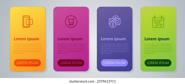 Set line Stacks paper money cash, Discount percent tag, Mobile shopping and Shopping cart. Business infographic template. Vector