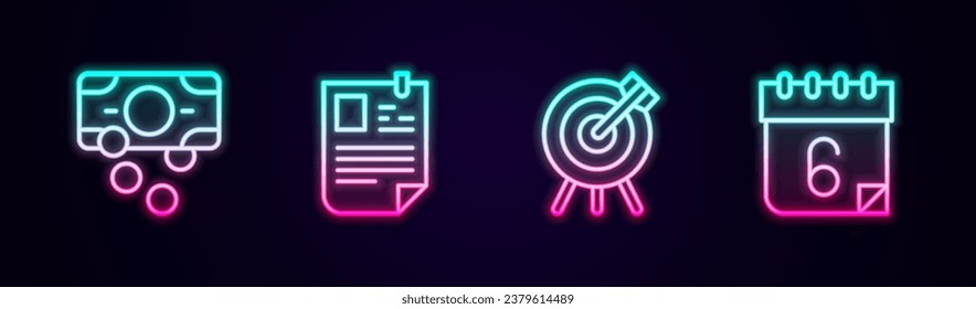 Set line Stacks paper money cash, Resume, Target financial goal and Calendar. Glowing neon icon. Vector