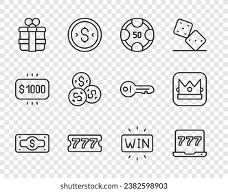 Set line Stacks paper money cash, Laptop and slot machine, Casino chips, Lottery ticket, Gift box, with dollar, win and King playing card icon. Vector
