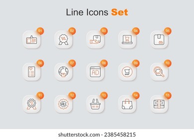 Set line Stacks paper money cash, Paper shopping bag, Shopping basket, Price tag with Sale, Medal, Magnifying glass, cart and Advertising icon. Vector