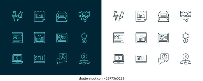 Set line Stacks paper money cash, Sell button, Safe, Business negotiations, Browser with stocks market, Envelope, Push pin and Document graph chart icon. Vector