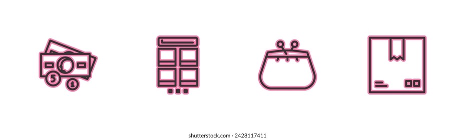 Apila dinero en efectivo, billetera, móvil de compras en línea y caja de cartón con el icono de símbolo de tráfico. Vector