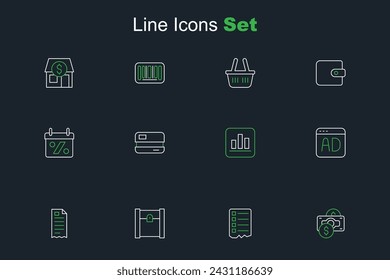 Set line Stacks paper money cash, Shopping list, Paper shopping bag, Financial check, Advertising, Pie chart infographic, Credit card and Discount percent tag icon. Vector