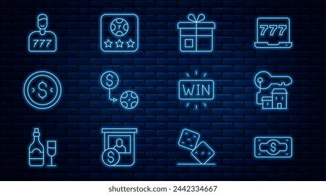 Set line Stacks paper money cash, Winning house with key, Gift box, Casino chips exchange, Coin dollar, Lucky player, win and Online poker table game icon. Vector