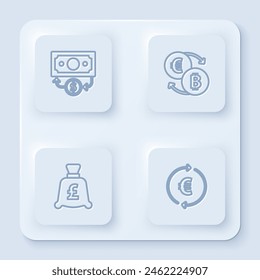 Set line Stacks paper money cash, Cryptocurrency exchange, Coin with pound and euro symbol. White square button. Vector