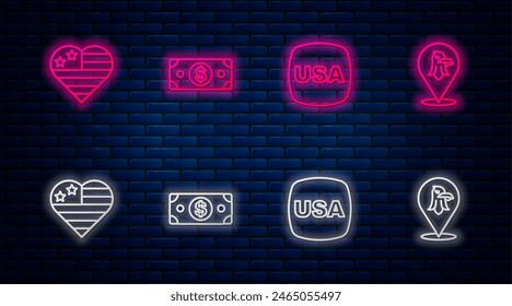 Set line Stacks paper money cash, USA Independence day,  and Eagle. Glowing neon icon on brick wall. Vector