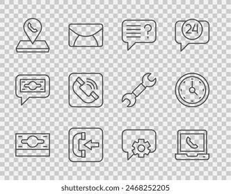 Set line Stacks paper money cash, Telephone 24 hours support, Unknown search, Incoming call, Call center location, handset,  and Clock icon. Vector