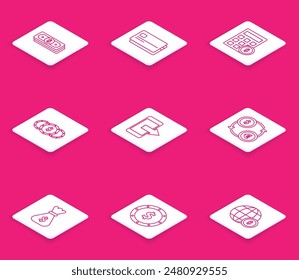 Set line Stacks paper money cash, Credit card, Calculator with dollar symbol, Coin, Smartphone, mobile phone, Money exchange, bag and  icon. Vector