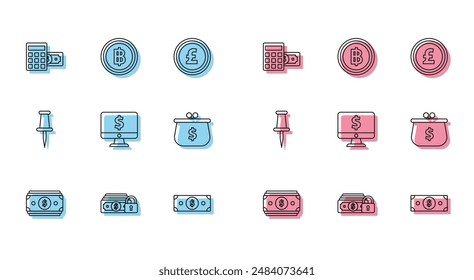 Set line Stacks Papiergeld Bargeld, Geld mit Schloss, Rechner Dollar Symbol, Computer Monitor, Wallet, Push-Pin und Kryptowährung Münze Bitcoin Symbol. Vektorgrafik