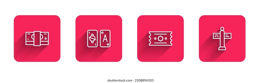 Set line Stacks paper money cash, Tarot cards, Ticket and Road traffic signpost with long shadow. Red square button. Vector