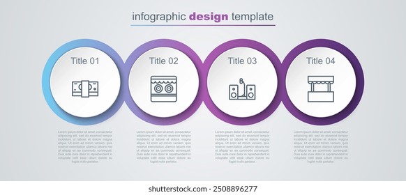 Set line Stacks paper money cash, Shooting gallery, Home stereo with two speakers and Ticket box office. Business infographic template. Vector