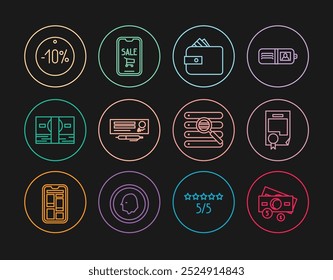 Definir linha Pilhas dinheiro papel, modelo de certificado, Carteira com, Cheque bancário e caneta, dez desconto percentual tag, Pesquisar na janela do navegador e celular ícone do carrinho de compras. Vetor