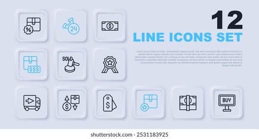 Set line Stacks paper money cash, Buy button, Auction hammer, Carton cardboard box, Item price tag with dollar, Tax, Telephone 24 hours support and Price icon. Vector