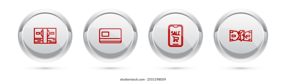 Set line Stacks paper money cash, Credit card, Mobile phone and shopping cart and Crumpled. Silver circle button. Vector