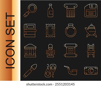 Apilar dinero en efectivo de papel, silla, tetera clásica, columna antigua, espejo grande de longitud completa, libro, lupa e icono de anillo de oro. Vector