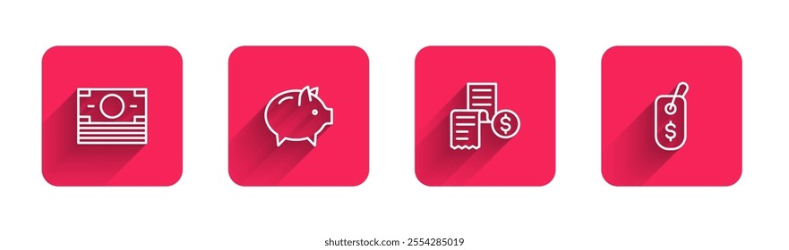 Set line Stacks paper money cash, Piggy bank, Paper or financial check and Price tag with dollar with long shadow. Red square button. Vector