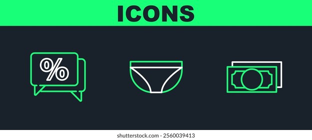 Set line Stacks paper money cash, Discount percent tag and Underwear icon. Vector