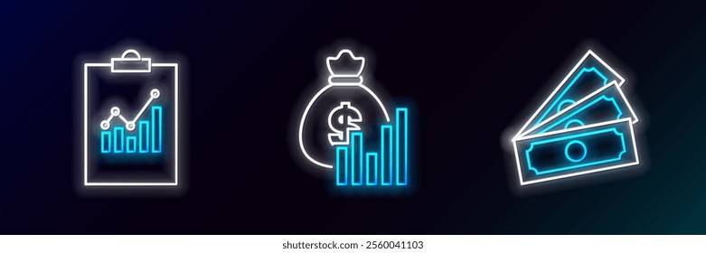 Set line Stacks paper money cash, Clipboard with graph chart and Money bag and diagram icon. Glowing neon. Vector