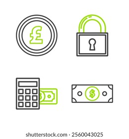 Set line Stacks paper money cash, Calculator with dollar symbol, Lock and Coin pound sterling icon. Vector