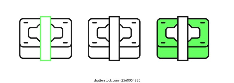 Set line Stacks paper money cash icon isolated on white background. Money banknotes stacks. Bill currency.  Vector