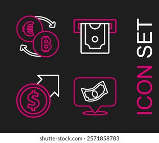Set line Stacks paper money cash, Financial growth and dollar, ATM and Cryptocurrency exchange icon. Vector