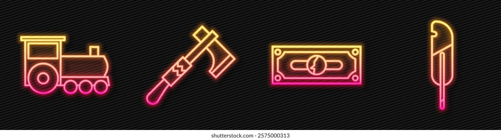 Set line Stacks paper money cash, Retro train, Tomahawk axe and Feather pen. Glowing neon icon. Vector