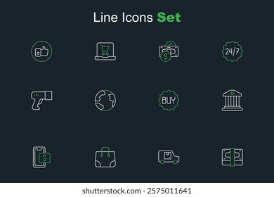 Set line Stacks paper money cash, Delivery cargo truck, Paper shopping bag, Mobile, Bank building, Buy button, Worldwide and Scanner scanning bar code icon. Vector