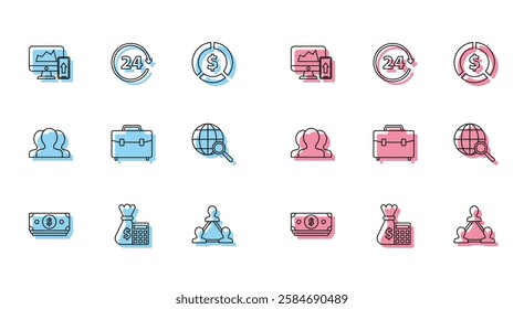 Set line Stacks paper money cash, Financial chart graph the computer monitor and mobile phone, Project team base, Briefcase, Magnifying glass globe, Users group and Clock 24 hours icon. Vector