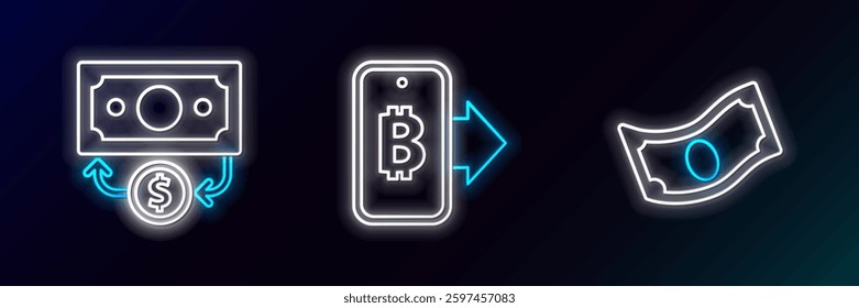Set line Stacks paper money cash,  and Mining bitcoin from mobile icon. Glowing neon. Vector
