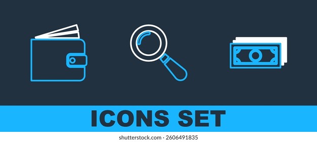 Set line Stacks paper money cash, Wallet and Magnifying glass icon. Vector