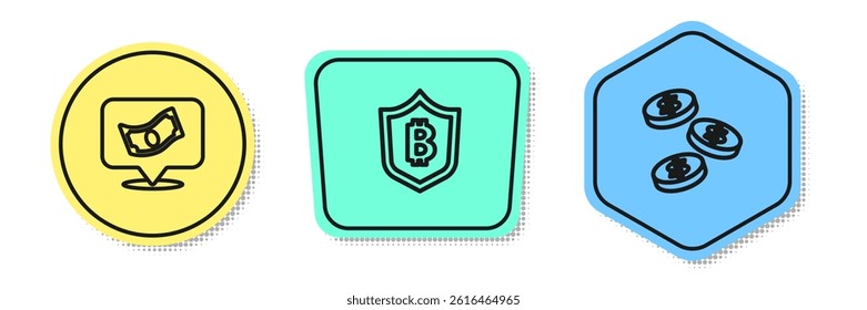 Set line Stacks paper money cash, Shield with bitcoin and Coin dollar. Colored shapes. Vector