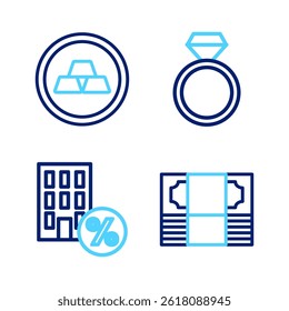 Set line Stacks paper money cash, House with percant discount, Diamond engagement ring and Gold bars icon. Vector