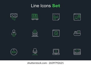 Set line Stacks paper money cash, Laptop with dollar, Office chair, Deal, Cargo ship boxes delivery, Telephone 24 hours support, Bank building and Business investor icon. Vector