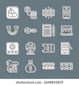 Set line Stacks paper money cash, Slot machine, Laptop and slot, with jackpot, Old key, Horseshoe, cherry and Bingo card icon. Vector