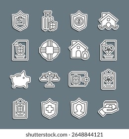 Set line Stacks paper money cash, Health insurance, Shield with dollar, Lifebuoy, Contract shield, Travel suitcase and Fire burning house icon. Vector