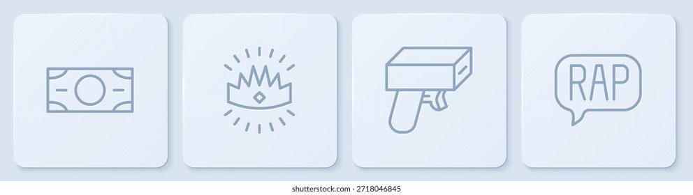 Pilas de papel moneda, dinero en efectivo, pistola de dinero, corona de rey y música de rap. Botón cuadrado blanco. Vector