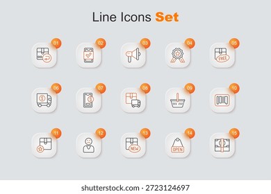 Apilar dinero en efectivo de papel, signo colgante con texto abierto, colección Nueva, Cliente enojado, caja de cartón de cartón, código de barras, cesta de la compra y el icono de camión de carga de entrega. Vector