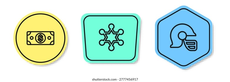 Set line Stacks paper money cash, Hexagram sheriff and American football helmet. Colored shapes. Vector