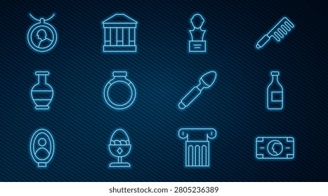 Set line Stacks paper money cash, Bottle of wine, Gypsum head sculpture bust, Gold ring, Ancient amphorae, Locket necklace, Silver spoon and Museum building icon. Vector