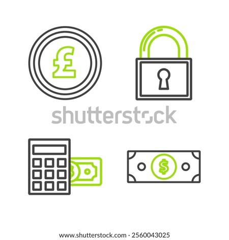 Set line Stacks paper money cash, Calculator with dollar symbol, Lock and Coin pound sterling icon. Vector